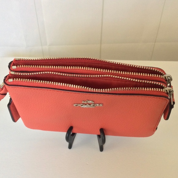 Coach Pebbled Leather Double Zip Around Wallet Wristlet Bright Poppy - Picture 4 of 6